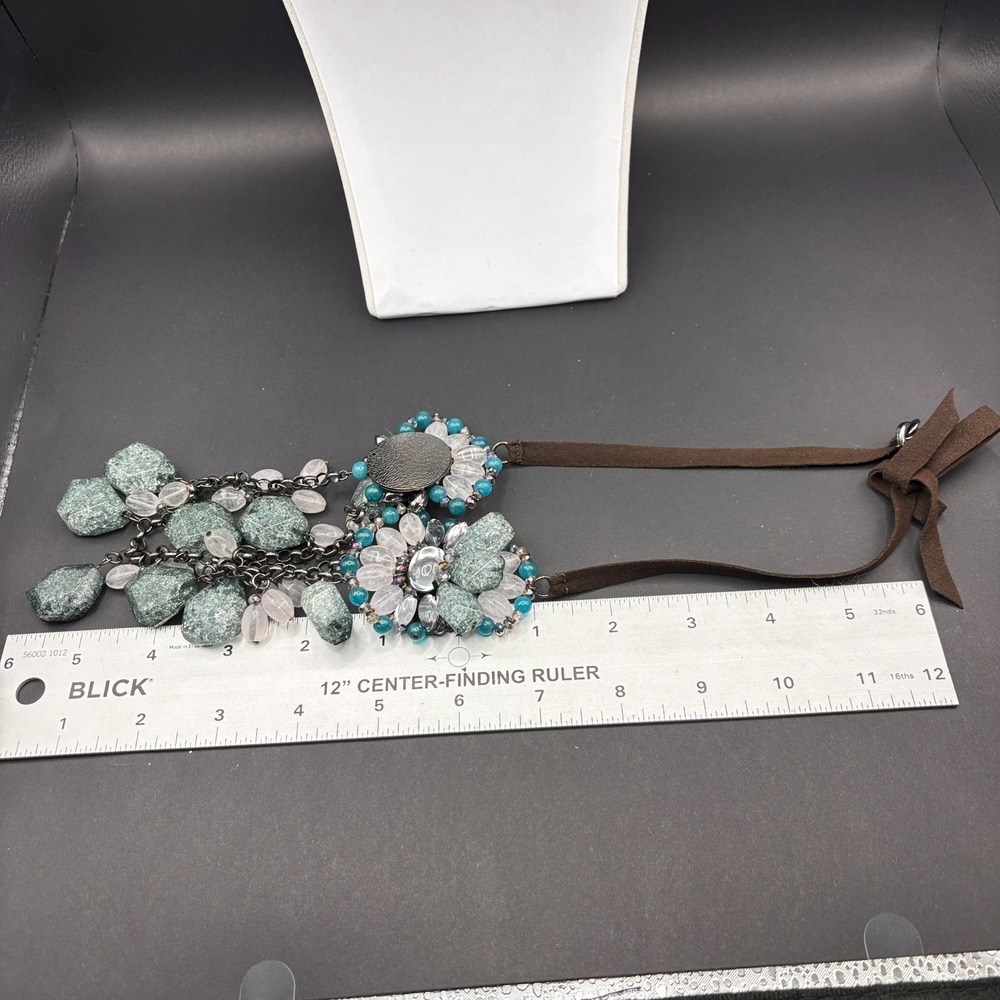 VTG Gunmetal Tone Green Crackle Quartz Style Bib Necklace Multi Chain Statement - Picture 10 of 10